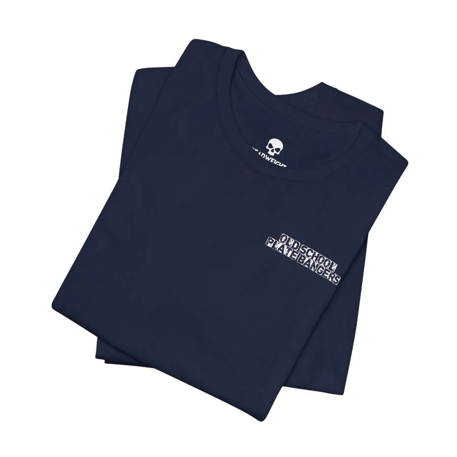 DailyThreadCo. navy blue cotton crew-neck t-shirt with white Plate Bangers chest logo graphic on black background.