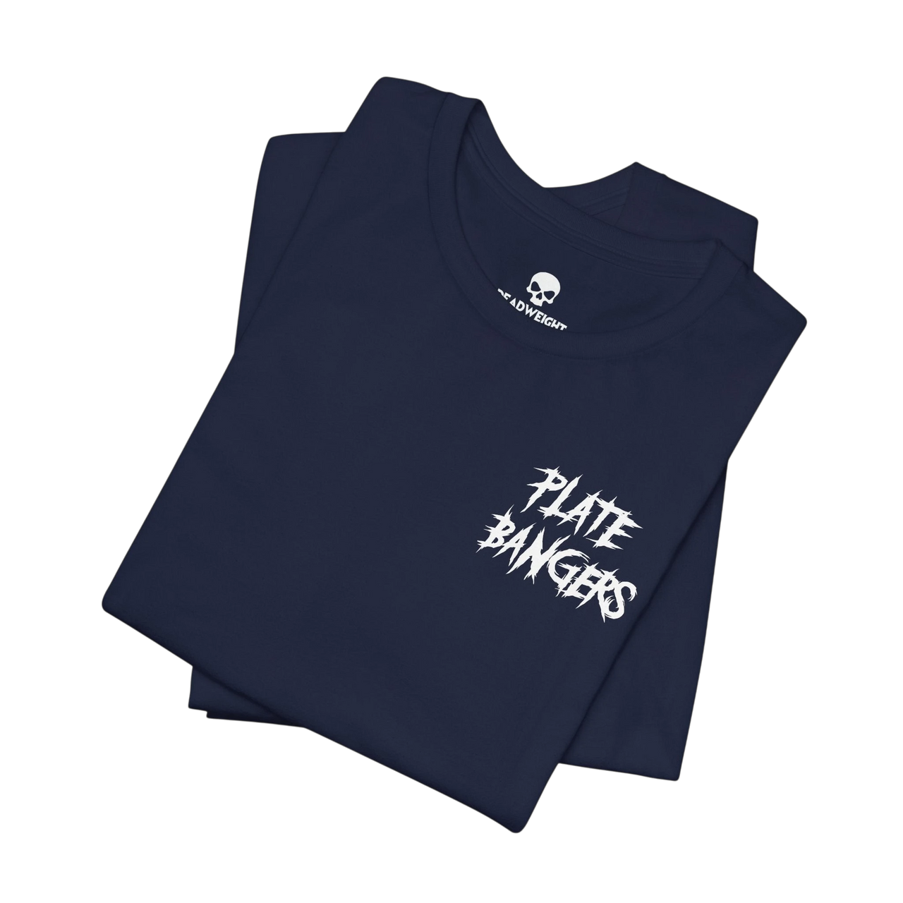 DailyThreadCo. navy blue cotton gym t-shirt featuring a white distressed Plate Bangers graphic on the chest.