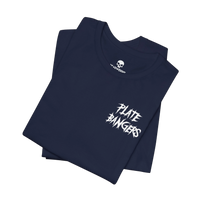 DailyThreadCo. navy blue cotton gym t-shirt featuring a white distressed Plate Bangers graphic on the chest.