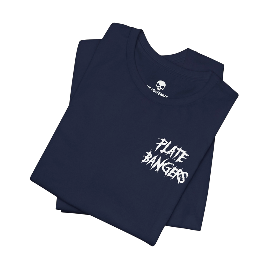 DailyThreadCo. navy blue cotton gym t-shirt featuring a white distressed Plate Bangers graphic on the chest.