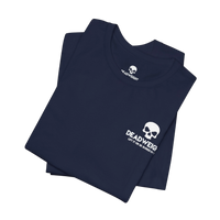 DailyThreadCo. navy blue cotton gym t-shirt with white skull logo print on the chest, folded on a black background.