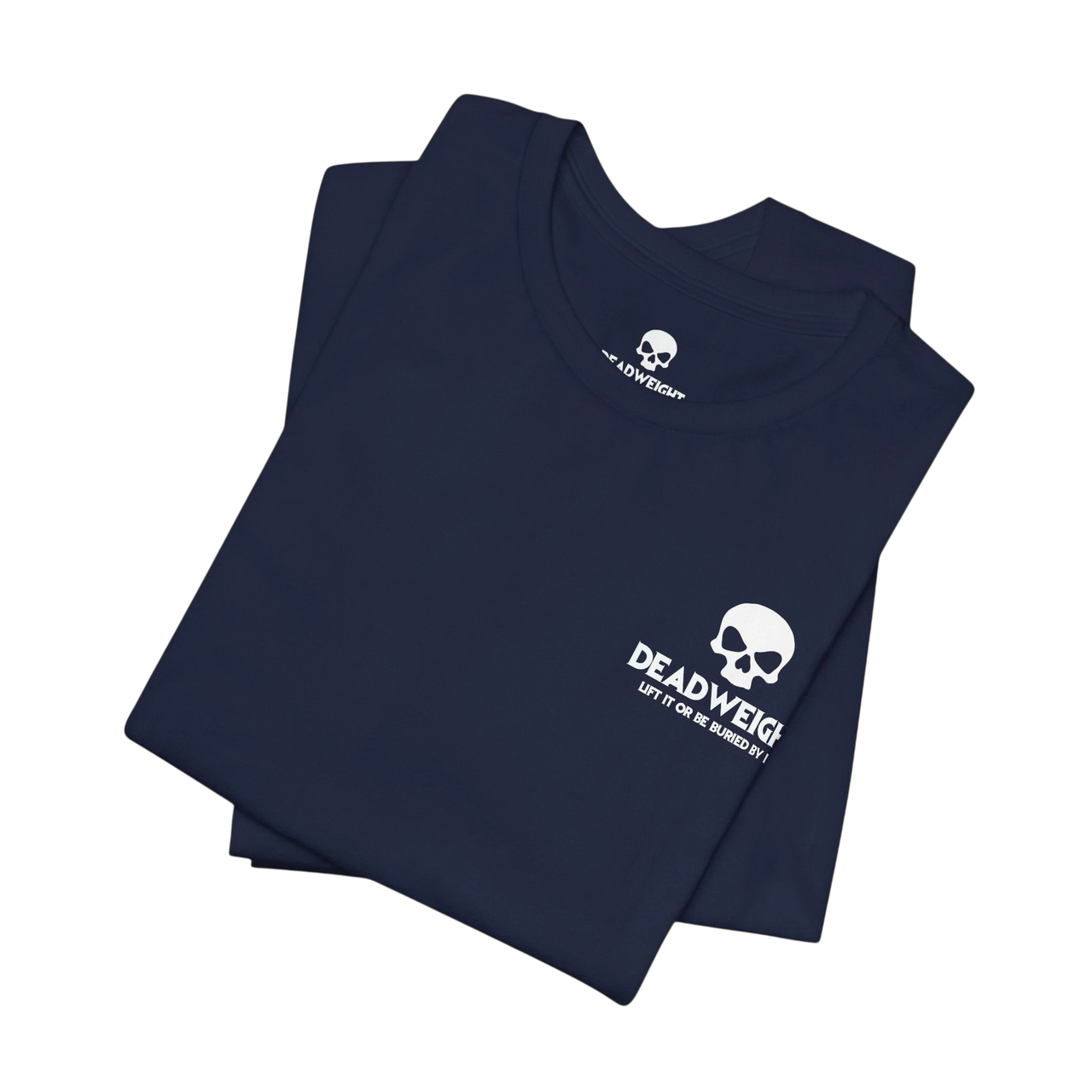 DailyThreadCo. navy blue cotton t-shirt with a small white skull logo on the chest, folded neatly.