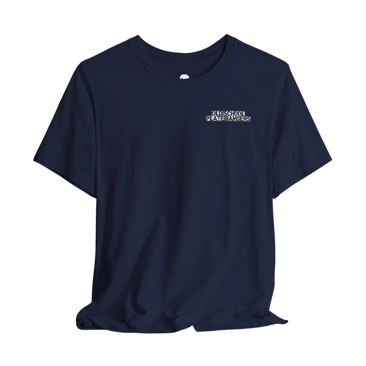 DailyThreadCo. navy blue crew-neck cotton t-shirt with Old School Plate Bangers graphic on the chest.