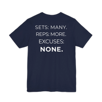 DailyThreadCo. navy blue cotton fitness t-shirt with white back print reading Sets: Many. Reps: More. Excuses: None.