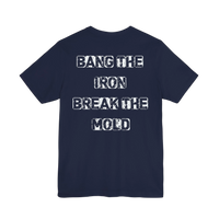 DailyThreadCo. navy blue cotton gym t-shirt featuring a distressed white Bang the Iron Break the Mold back graphic