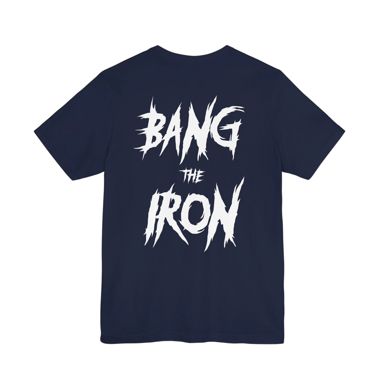 DailyThreadCo. navy blue cotton gym t-shirt featuring a bold distressed white BANG THE IRON graphic on the back.