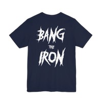 DailyThreadCo. navy blue cotton gym t-shirt featuring a bold distressed white BANG THE IRON graphic on the back.