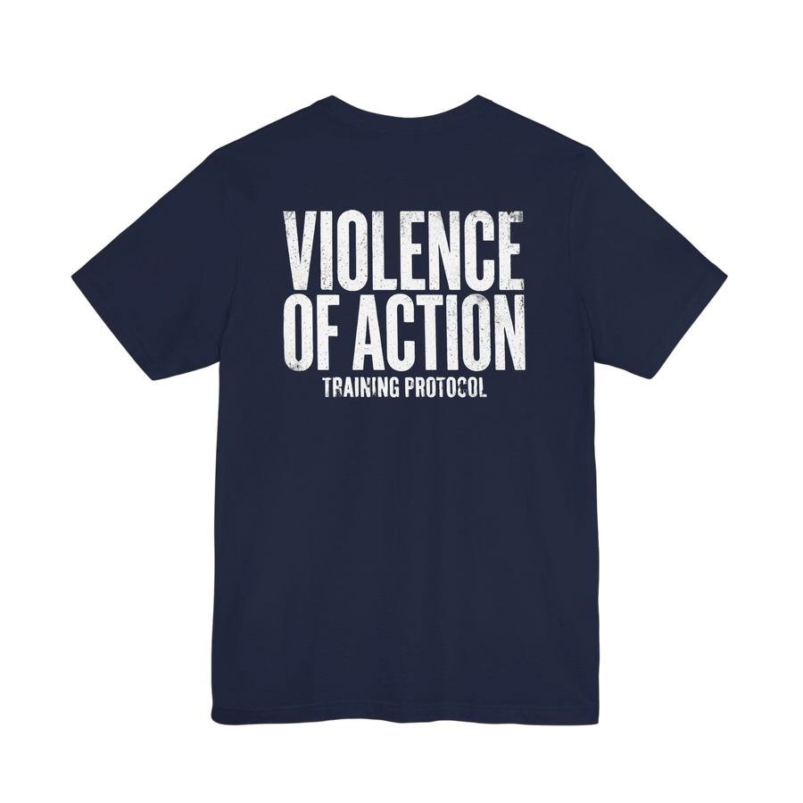 DailyThreadCo. navy blue cotton gym t-shirt featuring a bold white Violence of Action Training Protocol back print.