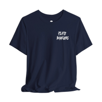DailyThreadCo. navy blue cotton gym t-shirt featuring a white distressed Plate Bangers graphic on the chest.
