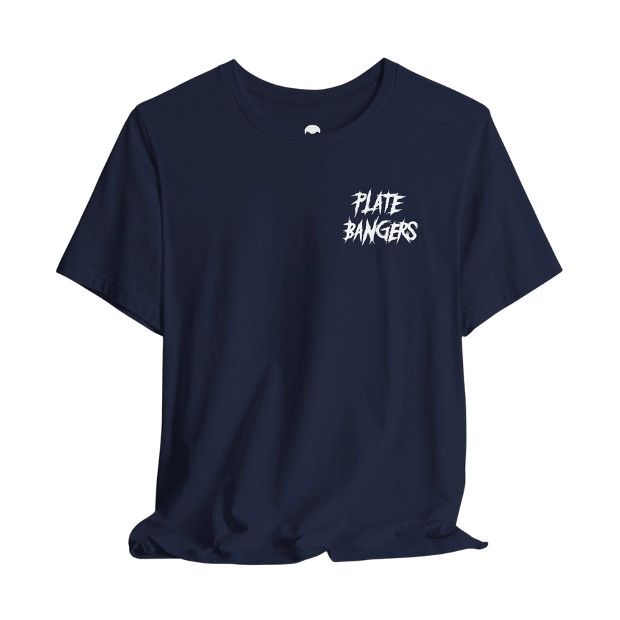 DailyThreadCo. navy blue cotton gym t-shirt featuring a white distressed Plate Bangers graphic on the chest.
