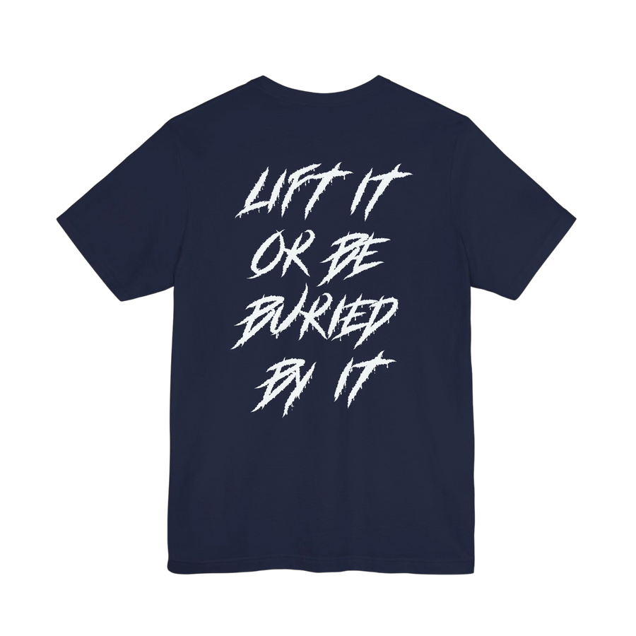 DailyThreadCo. navy blue cotton gym t-shirt featuring white jagged motivational text on the back.