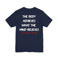 DailyThreadCo. navy blue cotton gym t-shirt with white and red motivational text printed on the back.
