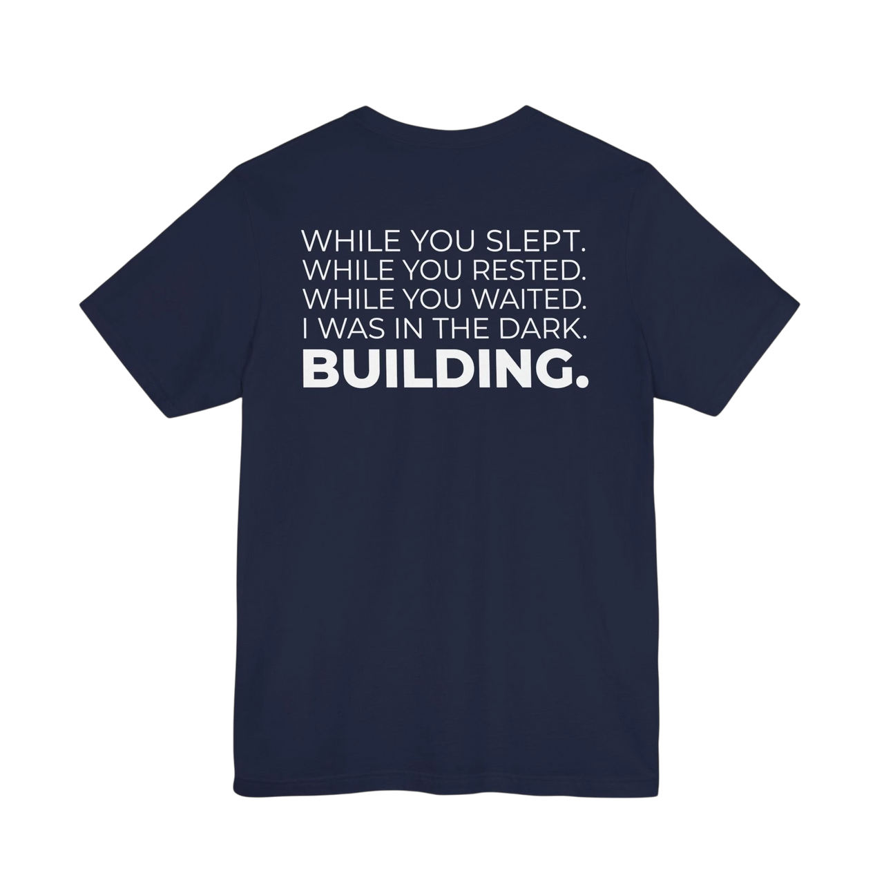 DailyThreadCo. navy blue cotton t-shirt with white motivational text printed on the back.