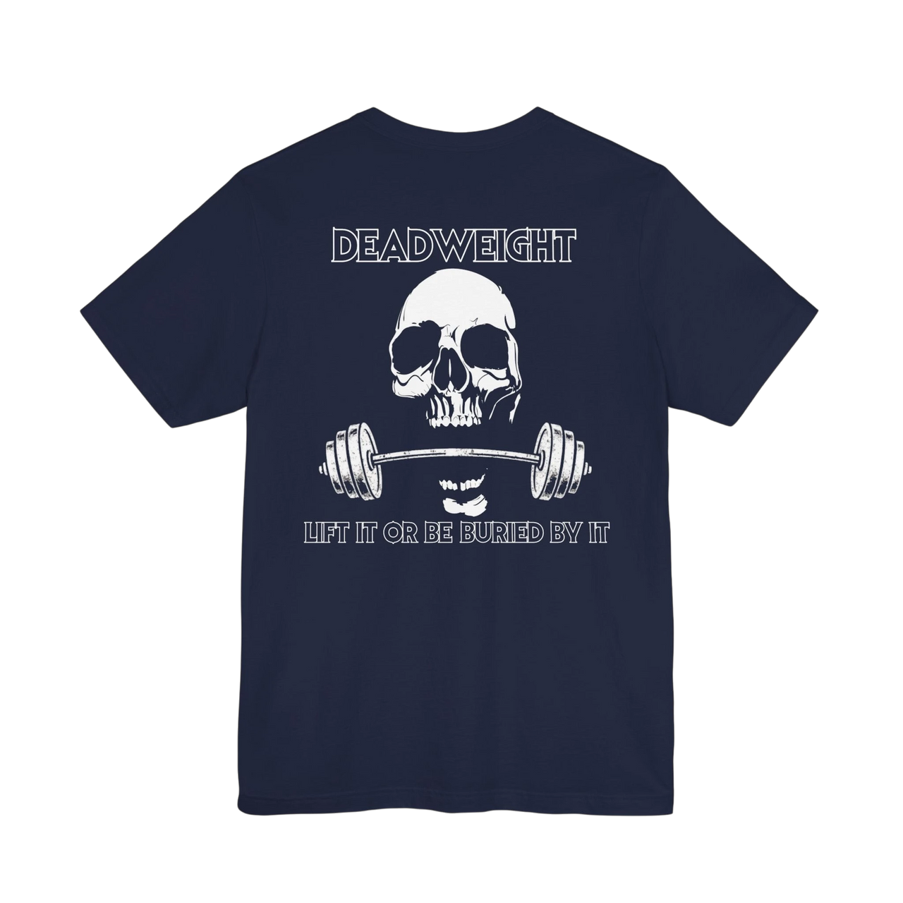 DailyThreadCo. navy blue cotton gym t-shirt featuring a back graphic of a skull gripping a barbell with text.
