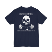 DailyThreadCo. navy blue cotton gym t-shirt featuring a back graphic of a skull gripping a barbell with text.