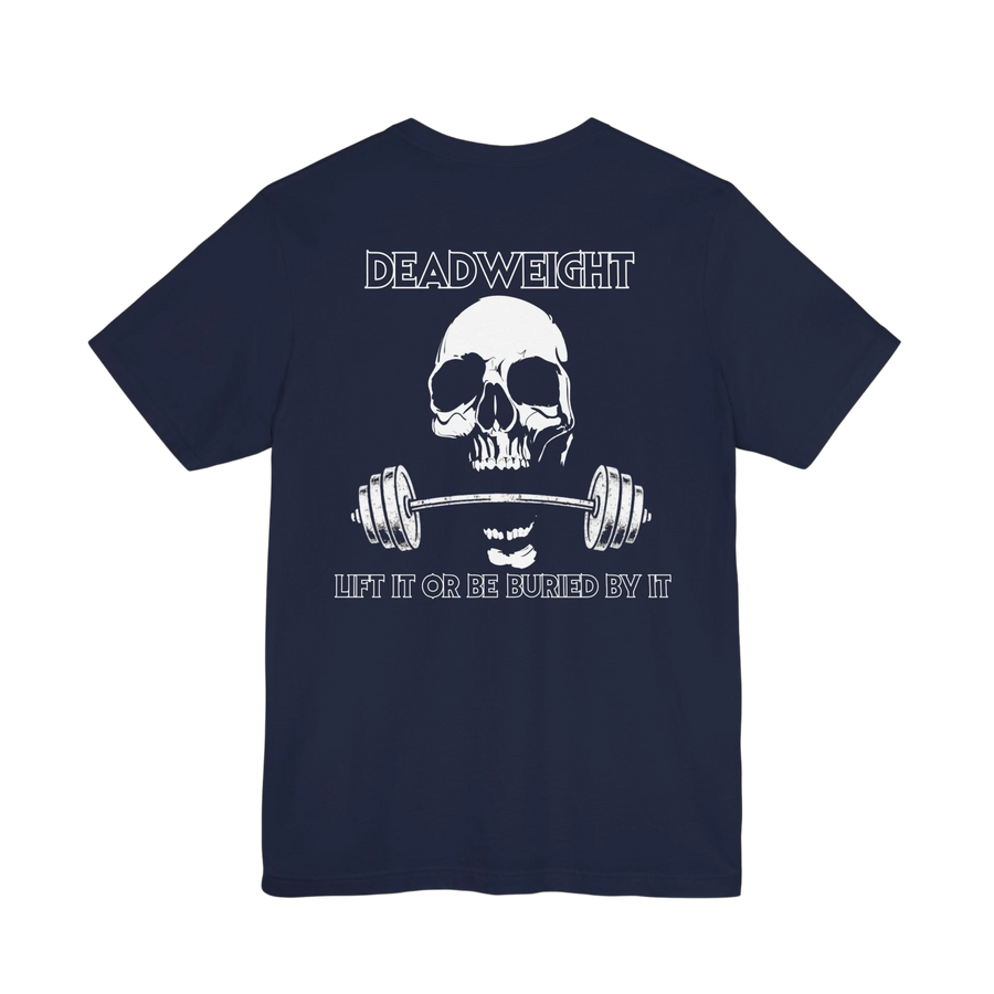 DailyThreadCo. navy blue cotton gym t-shirt featuring a back graphic of a skull gripping a barbell with text.