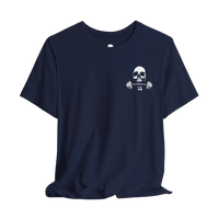 DailyThreadCo. navy blue cotton gym t-shirt featuring a white skull and barbell chest emblem.