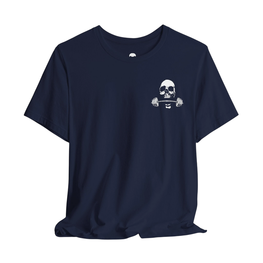 DailyThreadCo. navy blue cotton gym t-shirt featuring a white skull and barbell chest emblem.