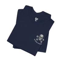 DailyThreadCo. navy blue cotton crew-neck fitness t-shirt featuring a skull and dumbbell chest graphic.