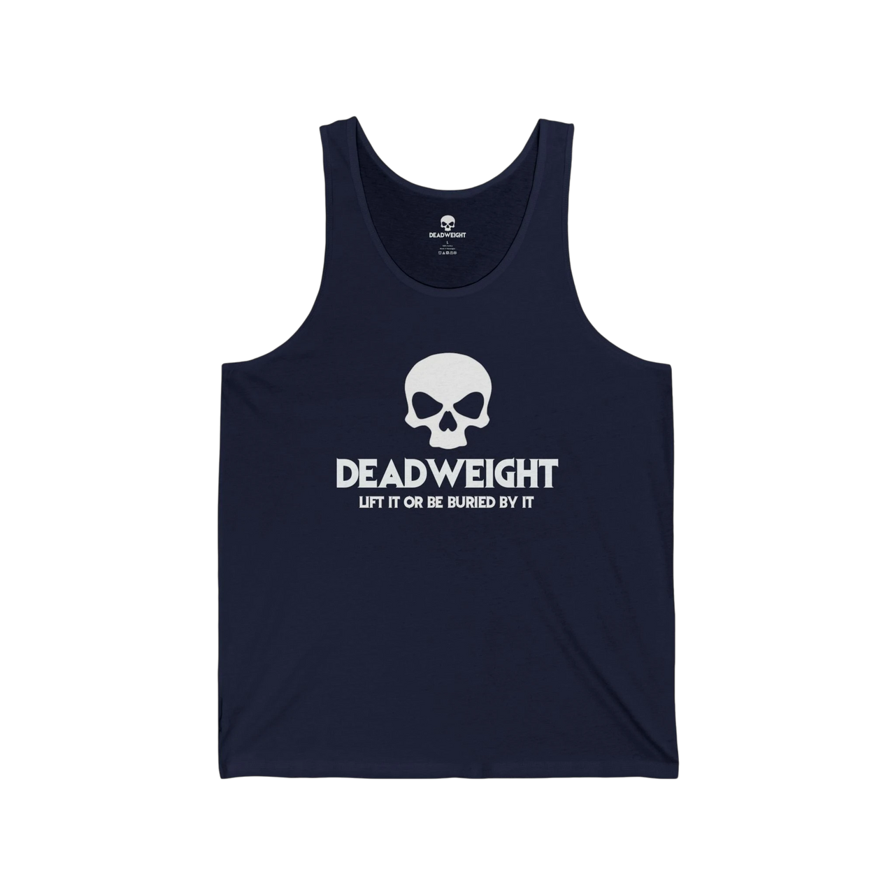 DailyThreadCo. navy blue cotton fitness tank top featuring a white skull graphic and Deadweight text on the chest.
