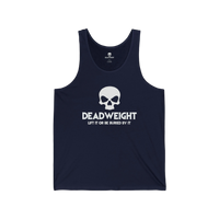 DailyThreadCo. navy blue cotton fitness tank top featuring a white skull graphic and Deadweight text on the chest.
