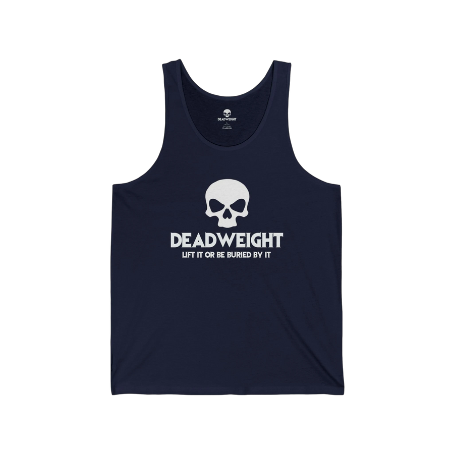 DailyThreadCo. navy blue cotton fitness tank top featuring a white skull graphic and Deadweight text on the chest.