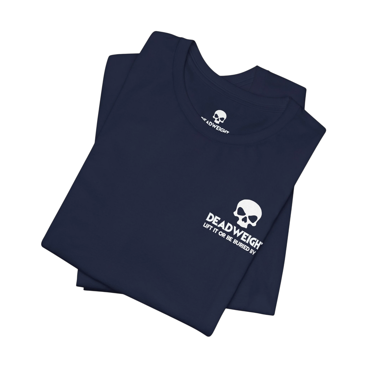 DailyThreadCo. navy blue cotton gym t-shirt with a white skull logo and motivational text on the chest.
