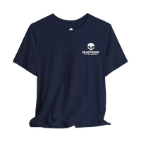 DailyThreadCo. navy blue crew-neck cotton t-shirt featuring a small white distressed skull logo on the chest.