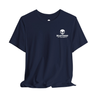 DailyThreadCo. navy blue cotton t-shirt with a small white skull logo on the chest.