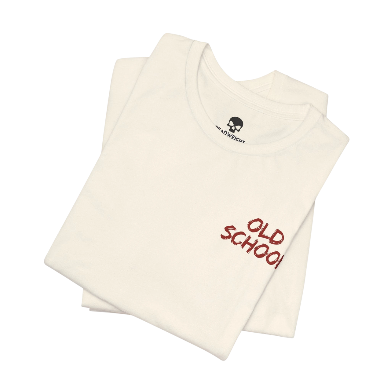 DailyThreadCo. off-white cotton crew neck t-shirt with small red handwritten OLD SCHOOL text on the chest.