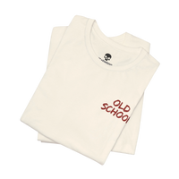 DailyThreadCo. off-white cotton crew neck t-shirt with small red handwritten OLD SCHOOL text on the chest.