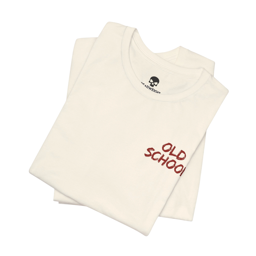 DailyThreadCo. off-white cotton crew neck t-shirt with small red handwritten OLD SCHOOL text on the chest.