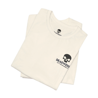 DailyThreadCo. off-white cotton crew-neck t-shirt featuring a small black skull graphic and Deadweight logo.