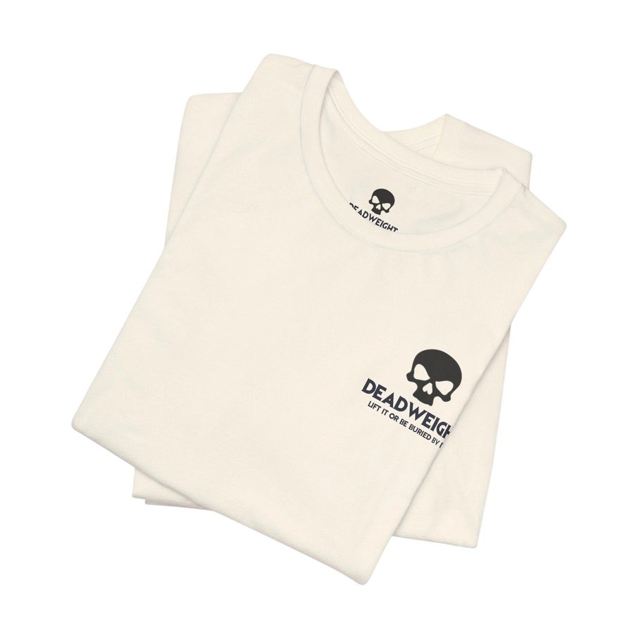 DailyThreadCo. off-white cotton crew-neck t-shirt featuring a small black skull graphic and Deadweight logo.