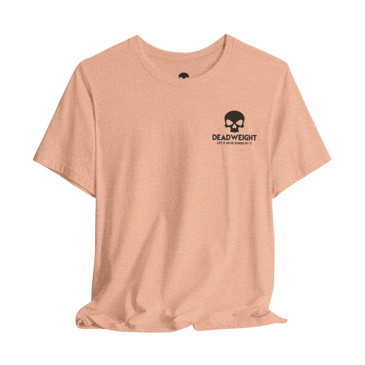 DailyThreadCo. peach-colored cotton gym t-shirt with a black skull chest emblem and crew neckline.