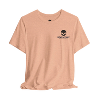DailyThreadCo. peach-colored cotton gym t-shirt with a black skull chest emblem and crew neckline.