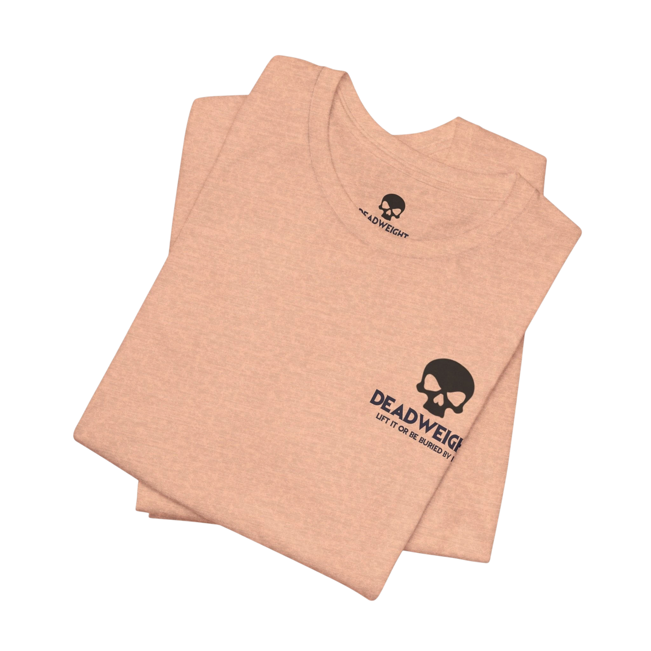 DailyThreadCo. peach-colored cotton gym t-shirt with a black skull chest emblem and crew neckline.
