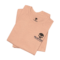 DailyThreadCo. peach-colored cotton gym t-shirt with a black skull chest emblem and crew neckline.