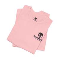 DailyThreadCo. light pink cotton crew-neck t-shirt with a small black skull logo on the chest.