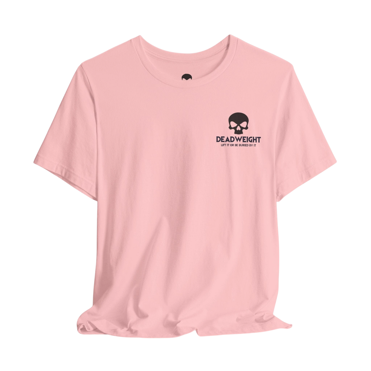 DailyThreadCo. light pink cotton crew neck t-shirt featuring a small black skull logo on the chest.