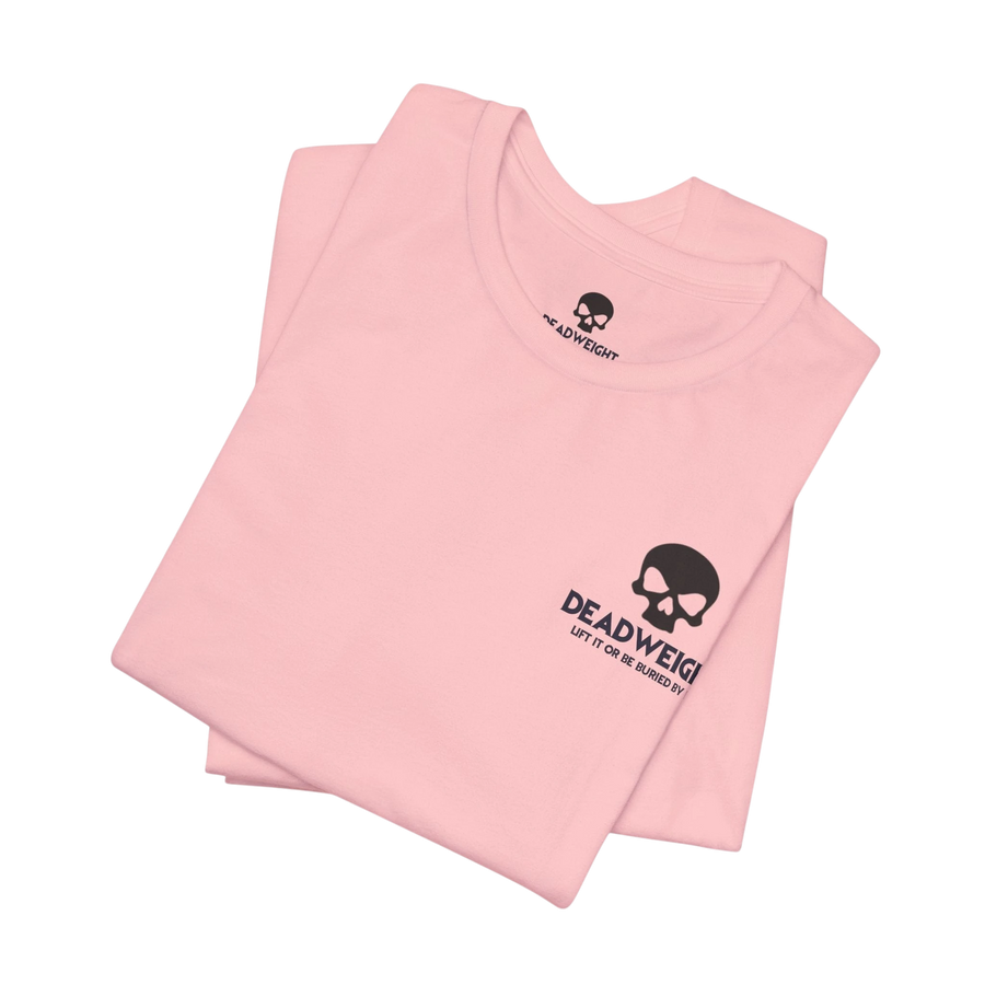 DailyThreadCo. light pink cotton crew-neck t-shirt with a small black skull logo on the chest.