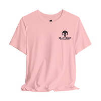 DailyThreadCo. light pink crew-neck cotton t-shirt featuring a small black skull graphic and Deadweight text.