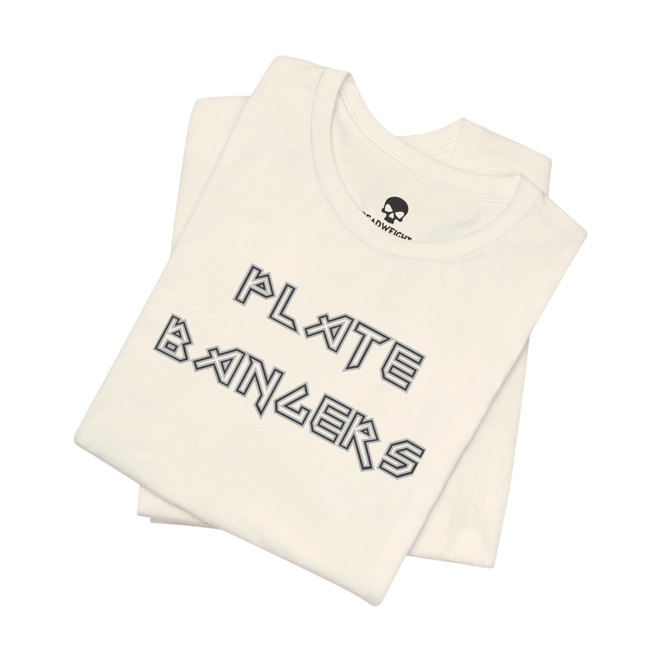 DailyThreadCo. Plate Bangers gym t-shirt in off-white cotton with bold geometric lettering on the front.
