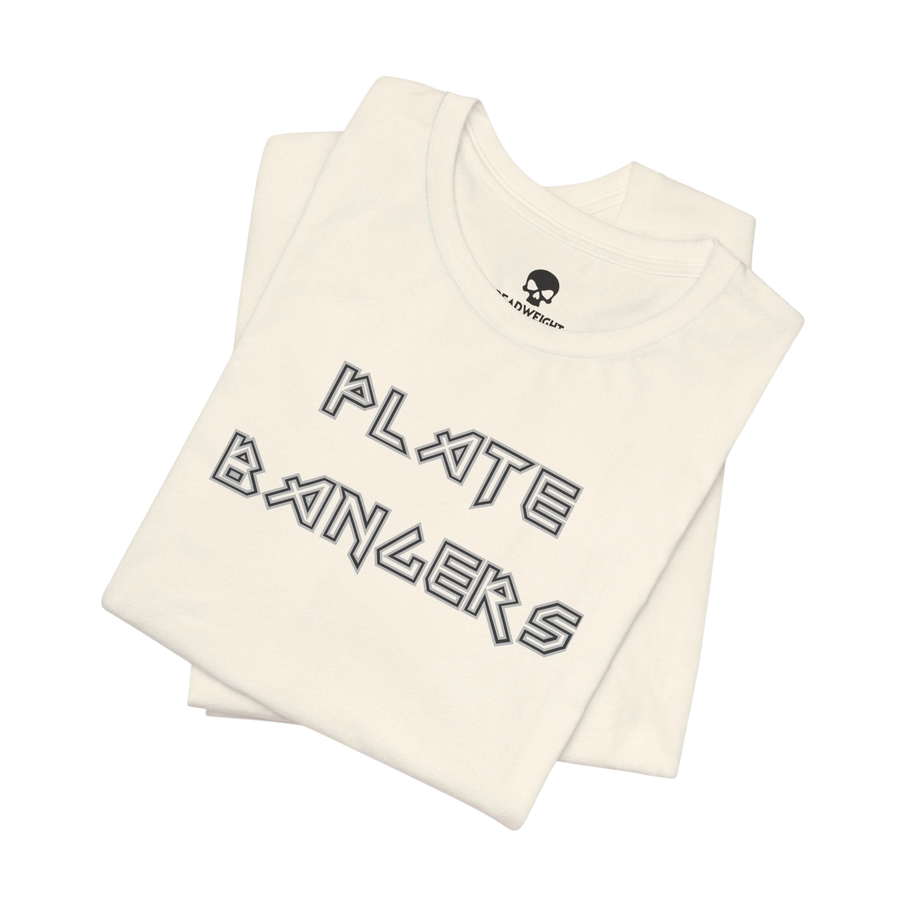 DailyThreadCo. Plate Bangers gym t-shirt in off-white cotton with bold geometric lettering on the front.