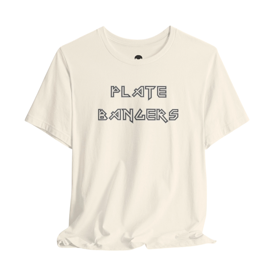 DailyThreadCo. Plate Bangers gym t-shirt in cream cotton with bold geometric lettering on the front.