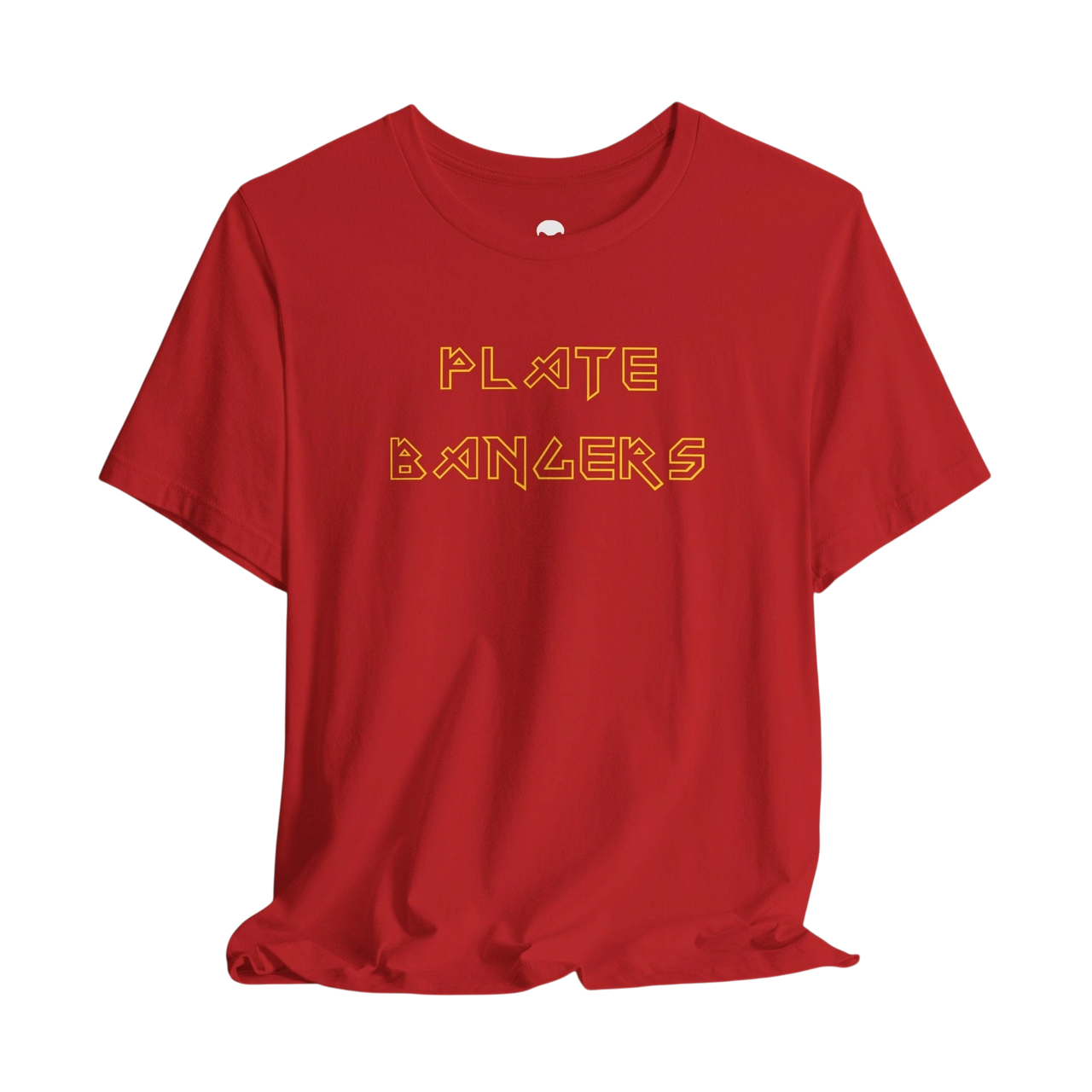 DailyThreadCo. red cotton gym t-shirt featuring Plate Bangers text in gold geometric font on the chest.