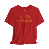 DailyThreadCo. red cotton gym t-shirt featuring Plate Bangers text in gold geometric font on the chest.