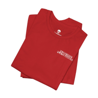 DailyThreadCo. red cotton crew-neck t-shirt with white Old School Plate Bangers chest graphic on a black background.