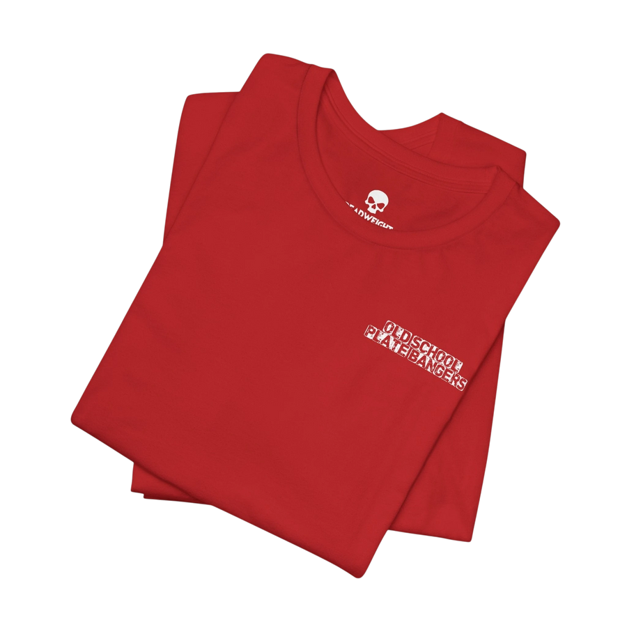 DailyThreadCo. red cotton crew-neck t-shirt with white Old School Plate Bangers chest graphic on a black background.