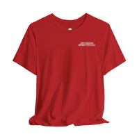 DailyThreadCo. red crew-neck cotton t-shirt featuring a small white Old School Plate Bangers chest logo